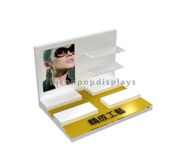 Expositions de marchandises de POP de plan de travail présentoir optique de 3 lunettes d'or de couche